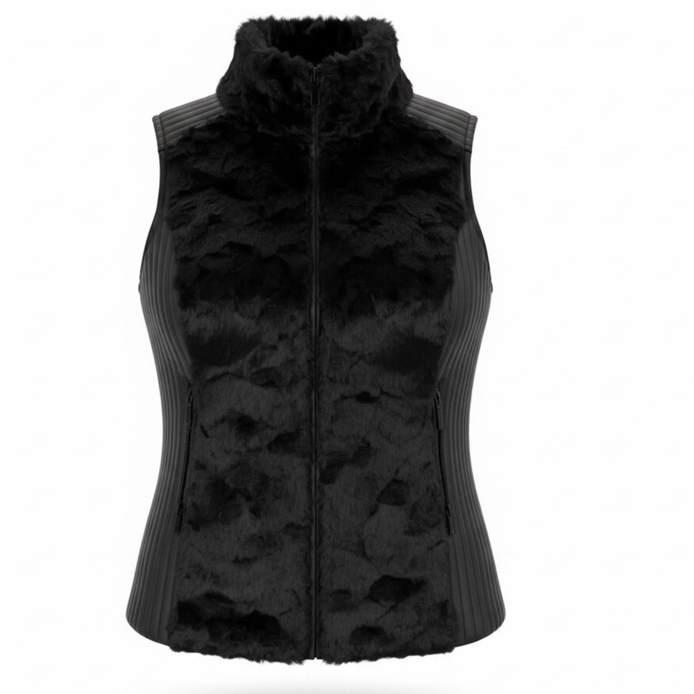 Ci Sono by Cavalini Womens Black Faux Fur Vegan Leather Quilted Vest XL NWT‎